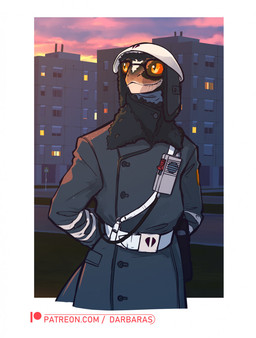 anthro biped building clothed clothing detailed_background electronics eyewear glasses hand_behind_back hat headgear headwear male orange_sclera outside patreon_logo pupils radio sky slit_pupils solo sunset tail text yellow_eyes darbaras patreon gecko lizard reptile scalie 2022 colored hi_res url