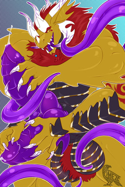 2_penises anthro claws genitals hair horn male multi_genitalia multi_penis muscular penis purple_insides purple_penis purple_tentacles purple_tongue red_hair solo teeth tentacles tongue unusual_insides omez mythology dragon mythological_creature mythological_scalie scalie tagme