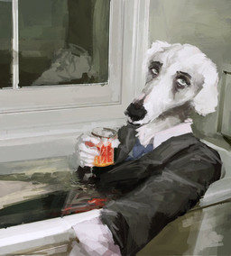 accessory alcohol anthro bath bathtub beverage clothed clothing collared_shirt drinking fully_clothed fur leaning leaning_backward lying male necktie partially_submerged reflection shirt solo suit tired tired_eyes topwear water white_body white_fur window anon2000000 canid canine canis domestic_dog mammal 2022 digital_media_(artwork) digital_painting_(artwork) hi_res painting_(artwork)