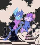 blep blue_body blue_fur bottomless chess chess_board chess_piece clothed clothing detailed_background duo eye_contact featureless_crotch female fur hoodie looking_at_another male paws purple_body purple_fur standing sweater tongue tongue_out topwear animancer harzipan snoozel mammal monster murid murine rat rodent 2023 hi_res signature