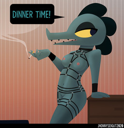 5_fingers alternative_fashion anthro black_body black_scales black_teeth breasts cigarette clothing dialogue dresser eyelashes fangs female fingers furniture goth grey_body grey_skin legwear lingerie looking_aside looking_away navel nipples non-mammal_breasts non-mammal_nipples nude open_mouth scales sharp_teeth smoke solo speech_bubble stockings teeth teeth_showing tongue yellow_sclera jhonnyseitgut night_in_the_woods bea_santello alligator alligatorid crocodile crocodilian reptile scalie hi_res