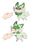 5_fingers :3 :d all_fours ambiguous_gender barefoot big_ears big_eyes blush cute_fangs disembodied_hand duo eyes_closed fangs featureless_crotch feet feral fingers fluffy fluffy_tail fur gesture glistening glistening_eyes green_ears green_tail green_tuft hand_out happy high_five hind_legs long_tail looking_down multicolored_body multicolored_ears multicolored_fur multicolored_tuft neck_tuft nude open_mouth pink_eyes pink_nose pink_tongue raised_leg round_head shadow sharp_teeth simple_background small_nose smile tail tan_body tan_skin teeth tongue toony tuft two_tone_body two_tone_ears two_tone_fur two_tone_tuft white_background wide_eyed gorusiti nintendo pokemon felid feline felis generation_9_pokemon human mammal pokemon_(species) sprigatito 2022 absurd_res comic hi_res