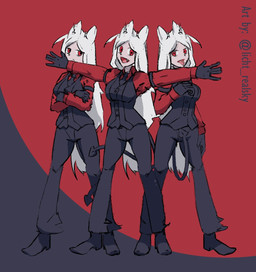 clothed clothing cute_fangs fangs female hair red_eyes simple_background smile solo spade_tail tail teeth tongue tongue_out white_hair licht_realsky helltaker cerberus_(helltaker) demon humanoid signature