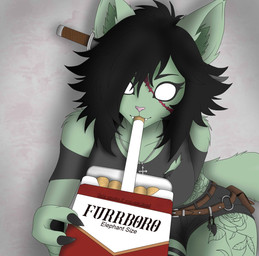 anthro black_hair cigarette female fur green_body green_fur hair knife smoking solo tattoo white_eyes caucau123 khaela domestic_cat felid feline felis mammal undead zombie hi_res