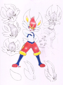 blue_body blue_fur buckteeth eyes_closed fire fireball fur hair kick looking_at_viewer open_mouth open_smile pose red_eyes red_hair smile surprised teeth white_body white_fur yellow_inner_ear fullfolka nintendo pokemon cinderace generation_8_pokemon pokemon_(species) 2019 colored_pencil_(artwork) hi_res sketch traditional_media_(artwork)