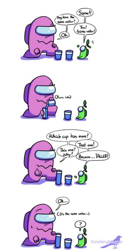 ambiguous_gender armless black_outline bodily_fluids confusion container cup dialogue duo exclamation_point glass glass_container glass_cup leaf logo not_furry outline question_mark simple_background text water water_glass young shriekingmagpie among_us innersloth bean_(shriekingmagpie) impostor_(among_us) mini_crewmate_(among_us) vet_(shriekingmagpie) alien artist_logo comic digital_media_(artwork) english_text hi_res signature
