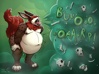 anthro belly big_belly bodily_fluids bone brown_body brown_fur burping burping_up_bones burping_up_object covered_eyes digestion fat_belly fur male multiple_prey overweight red_body red_fur saliva saliva_on_mouth saliva_on_tongue skull solo vore max_hyper bear hare hybrid lagomorph leporid mammal mephitid skunk 4:3 hi_res