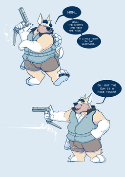 anthro arm_hair barefoot black_eyebrows blue_background blue_clothing blue_topwear body_hair bottomwear brown_bottomwear brown_clothing brown_shorts clothed clothing eyebrows eyes_closed feet fur gun holding_gun holding_object holding_ranged_weapon holding_weapon male male_anthro overweight overweight_anthro overweight_male ranged_weapon shorts simple_background solo speech_bubble standing text topwear weapon white_body white_fur yellow_body yellow_fur chocolateandmilk richard_(chocolateandmilk) canid canine mammal 2021 absurd_res dated english_text hi_res signature