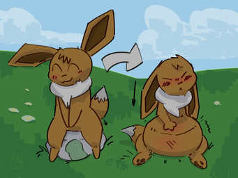 :3 :< ambiguous_gender anal_storage belly big_belly blush blush_lines brown_pawpads cavity_storage cloud digitigrade dipstick_tail directional_arrow ears_down eyes_closed feral field flower fur grass hand_on_belly markings moss on_rock pawpads pivoted_ears plant rock ruff sitting sitting_on_rock smile solo tail tail_markings furinmyeyes nintendo pokemon eevee generation_1_pokemon pokemon_(species) 2026 4:3 digital_media_(artwork) hi_res signature