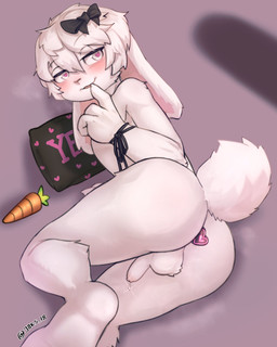 accessory anal anal_penetration anthro backsack balls blush butt buttplug buttplug_in_ass buttplug_insertion carrot erection femboy fluffy fluffy_tail food foreskin fur genitals hair hair_accessory hair_ribbon heart_buttplug heart_eyes heart_symbol lying male object_in_ass on_side penetration penis penis_shadow penis_tuck pillow plant plug_(sex_toy) plug_insertion ribbons sex_toy sex_toy_in_ass sex_toy_insertion smile solo tail unretracted_foreskin vegetable white_body white_fur white_hair j8k_s lagomorph leporid mammal rabbit 4:5 absurd_res hi_res