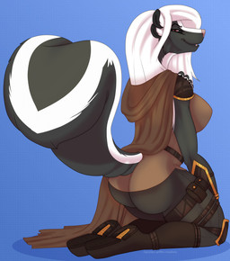 4_ears anthro big_breasts biped breasts butt clothed clothing fangs female fur hair looking_at_viewer looking_back multi_ear pose raised_tail simple_background smile smug solo tail teeth topwear grumpy_griffin_creations eve_hawthorne mammal mephitid skunk vampire 2021 digital_media_(artwork) hi_res pinup