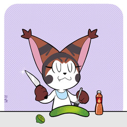 anthro brown_body brown_fur cucumber cutlery eyelashes female food fork fruit fur kitchen_utensils knife lemon plant simple_background smile solo tail text tools white_body white_fur mr_harinezumi bandai_namco digimon mikasa_(el_senor_erizo) digimon_(species) felid feline felis mammal mikemon 1:1 absurd_res hi_res