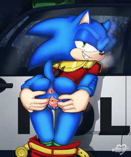 against_car against_surface against_vehicle andromorph anthro anus belt bent_over blue_body bottomwear bottomwear_down breath butt car clothed clothing genitals green_eyes intersex looking_back panting pants pants_around_ankles pants_down partially_clothed police police_uniform police_vehicle shoulder_blades smile smirk solo spread_anus spread_butt spread_vulva spreading tail uniform vehicle vulva arrow_hearted archie_comics sega sonic_the_hedgehog_(archie) sonic_the_hedgehog_(comics) sonic_the_hedgehog_(series) sonic_the_hedgehog zonic_the_zone_cop eulipotyphlan hedgehog mammal 5:6