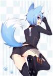 blue_eyes blue_hair blush bodily_fluids boots bottomwear checkered checkered_background clothing exclamation_point female footwear hair legwear looking_back outline pattern_background rear_view shoes short_hair shorts simple_background solo striped_background stripes sweat sweatdrop thigh_highs muryou phantasy_star phantasy_star_online phantasy_star_online_2 sega io_(pso2) animal_humanoid canid canid_humanoid canine canine_humanoid deuman fox fox_humanoid humanoid mammal mammal_humanoid hi_res