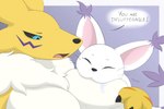 abstract_background annoyed anthro big_breasts big_ears breast_play breast_suck breasts claws dialogue duo female female/female nipple_fetish nipple_play nipple_suck size_difference sucking creature71 bandai_namco digimon canid canine digimon_(species) felid feline fox gatomon mammal renamon hi_res