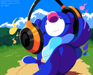 ambiguous_gender blue_body cloud electronics eyes_closed feral grass headphones markings musical_note musical_symbol plant shrub sky solo symbol whisker_markings sleepy_sealion nintendo pokemon generation_7_pokemon pokemon_(species) popplio 2025 5:4 absurd_res dated hi_res signature