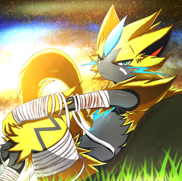 anthro arm_on_knee bandage bandaged_arm bandaged_foot bandaged_leg bent_legs biped black_body black_fur black_markings blood blood_on_bandage bodily_fluids cosmic_background fur grass leaning_against_object light looking_at_viewer male male_anthro markings outside plant rock sitting sky solo star starry_background starry_sky teal_eyes teal_markings teal_whiskers whiskers yellow_body yellow_fur katios_0215 nintendo pokemon felid generation_7_pokemon legendary_pokemon mammal pokemon_(species) zeraora digital_media_(artwork) hi_res