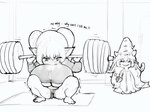 barbell_squats being_watched big_breasts blush breast_expansion breasts camel_toe clothing duo exercise expansion female huge_breasts humanoid_pointy_ears looking_at_another pointy_ears short_stack smug squats text tight_clothing under_boob weightlifting weights workout okgaki league_of_legends riot_games tencent lulu_(lol) poppy_(lol) humanoid yordle english_text hi_res monochrome sketch