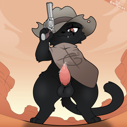 animal_genitalia anthro balls black_body black_fur bluesky_logo bodily_fluids bottomless brown_cloak brown_clothing brown_cowboy_hat cloak cloak_only clothed clothing cowboy cowboy_hat desert erection eyebrows eyelashes facial_scar fangs front_view fur genital_fluids genitals gun handgun hat hat_over_eye hat_over_eyes headgear headwear holding_gun holding_handgun holding_object holding_ranged_weapon holding_revolver holding_weapon low-angle_view male male_anthro one_eye_obstructed penis precum ranged_weapon red_eyes revolver scar sheath solo standing tail tapering_penis teeth text weapon xenoyia mewgenics zodiac_(mewgenics) domestic_cat felid feline felis mammal 2026 artist_name colored detailed digital_drawing_(artwork) digital_media_(artwork) full-length_portrait hi_res portrait shaded signature