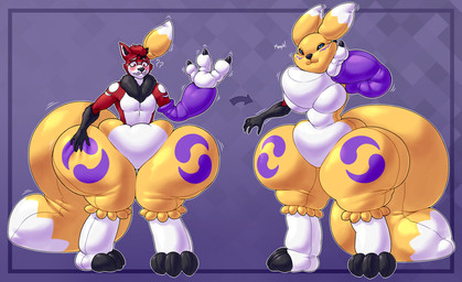 anthro before_and_after blush breasts directional_arrow female fur gender_transformation hair huge_hips hyper hyper_hips looking_down male mtf_transformation plushie plushie_transformation question_mark red_body red_fur red_hair simple_background solo standing thick_thighs transformation wide_hips fwingerz bandai_namco digimon canid digimon_(species) mammal renamon 2023 digital_media_(artwork) hi_res