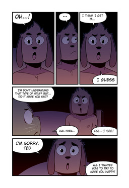 anthro apology brown_body brown_fur dialogue duo eye_contact five_frame_image floppy_ears fur green_body green_fur looking_at_another looking_up male nipples realization speech_bubble text thinking whiskers t0l0k roy_(t0l0k) ted_(t0l0k) canid canine canis domestic_cat domestic_dog felid feline felis mammal comic english_text hi_res multiple_scenes