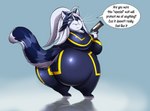 anthro big_butt bodysuit breasts butt clothing dialogue fangs female gun hair half-closed_eyes holding_object holding_weapon inner_ear_fluff long_hair looking_back narrowed_eyes obese overweight overweight_anthro overweight_female raised_tail ranged_weapon rear_view short_stack skinsuit slightly_chubby slightly_chubby_anthro slightly_chubby_female solo speech_bubble standing tail teeth text tight_clothing tuft weapon whiskers white_hair wide_hips yellow_eyes shenzel shenzel_(shenzel) domestic_cat felid feline felis mammal 2022 english_text hi_res