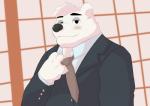 anthro blush clothing fur humanoid_hands male necktie shirt solo topwear undressing white_body white_fur dasoowolf aggretsuko sanrio shirota_(aggretsuko) bear mammal polar_bear ursine 2019 absurd_res hi_res