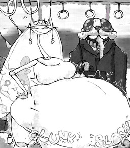 anthro belly big_belly big_breasts black_clothing black_shirt black_topwear breasts clothing female group huge_belly hyper hyper_belly inside male overweight shirt sound_effects text topwear train vehicle blahblah866 nintendo pokemon phera_(blahblah866) generation_1_pokemon generation_7_pokemon pheromosa pokemon_(species) tentacruel ultra_beast 2024 digital_media_(artwork) hi_res