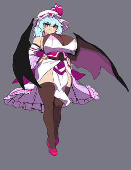 armwear bare_shoulders big_breasts blue_hair bonnet breasts bridal_gauntlets clothed clothing colored_nails corset curvy_figure detached_sleeves dress female footwear hair hands_on_hips headgear headwear high_heels huge_breasts humanoid_pointy_ears jabot legwear lingerie medium_length_hair membrane_(anatomy) membranous_wings mobcap nails pelvic_curtain pink_eyes pink_nails pointy_ears pupils ribbons sharp_nails shoes side_boob slit_pupils smile solo thigh_highs topwear voluptuous voluptuous_female wings takorin touhou remilia_scarlet animal_humanoid bat bat_humanoid humanoid mammal mammal_humanoid vampire