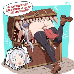 big_butt breasts butt clothing dialogue eyebrows eyelashes female footwear genitals green_eyes hair humanoid_pointy_ears legwear not_furry open_mouth oral_vore pointy_ears shocked shoes solo text thigh_highs tongue vore vulva white_hair yatagarasunopen frieren_beyond_journey's_end frieren aquatic elf fish humanoid mimic mimic_chest shark 2026 english_text hi_res