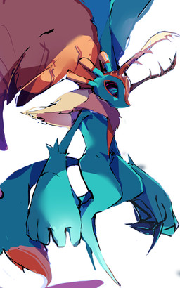 ambiguous_gender anthro antlers biped black_sclera chest_tuft countershading digitigrade dipstick_tail fingernails fluffy fluffy_tail fur head_wings horn huge_wings looking_down markings mouthless multicolored_body multicolored_eyes multicolored_fur nails neck_tuft orange_body orange_fur pink_eyes pupils simple_background solo tail tail_markings tan_body tan_fur teal_body teal_eyes teal_fur three-quarter_view tuft unusual_wing_placement white_background wings karasi kirby_(series) nintendo fecto_elfilis alien chinchilla chinchillid mammal rodent starling_(kirby) 2022 digital_drawing_(artwork) digital_media_(artwork) full-length_portrait hi_res japanese_description portrait