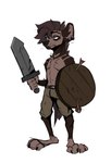 anthro arrows barefoot belt bottomwear brown_body brown_fur brown_hair clothed clothing ear_piercing ear_ring feet fur hair holding_melee_weapon holding_object holding_weapon jewelry male melee_weapon pants piercing ring_piercing shield shorts simple_background solo sword tail topless topless_anthro topless_male weapon hyenamancer hyena mammal digital_media_(artwork) hi_res