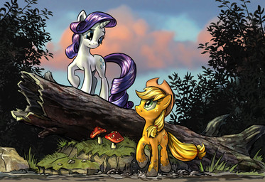 blonde_hair blue_eyes clothing cloud cowboy_hat cutie_mark duo female feral freckles fungus grass green_eyes hair hat headgear headwear horn log mud mushroom outside plant purple_hair quadruped rock sky tail tree wood harwick friendship_is_magic hasbro my_little_pony mythology applejack_(mlp) rarity_(mlp) earth_pony equid equine horse mammal mythological_creature mythological_equine pony unicorn 2013 hi_res