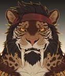 anthro beard brown_body brown_fur brown_hair facial_hair fur hair looking_at_viewer male orange_eyes solo teeth rogueliger bentayga felid mammal prehistoric_species saber-toothed_tiger 2020 digital_media_(artwork) headshot_portrait portrait