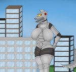 anthro arm_resting armor big_breasts breasts city female genitals glowing glowing_eyes hairless huge_breasts machine metallic_body not_furry nude pussy sagging_breasts solo standing tail thick_thighs wide_hips yellow_eyes onyxmeow godzilla_(series) toho mechagodzilla kaiju lizard reptile robot scalie absurd_res hi_res