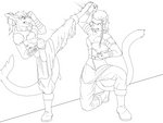 anthro blocking clothed clothing duo female fight fur hair kick simple_background teeth white_background prismanoodle_(artist) domestic_cat felid feline felis fish mammal marine shark 2021 4:3 black_and_white digital_media_(artwork) monochrome