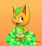 anthro bottomwear citrus_fruit clothing female green_bottomwear green_clothing green_skirt looking_at_viewer markings orange_body orange_skin skirt smile smiling_at_viewer solo spots spotted_body standing tail tongue half_dime animal_crossing nintendo tangy_(animal_crossing) domestic_cat felid feline felis mammal absurd_res hi_res