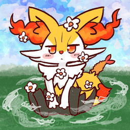 :< accessory ambiguous_anthro ambiguous_gender anthro biped blush closed_frown digitigrade dipstick_tail flower flower_in_hair food front_view frown hair hair_accessory looking_at_viewer markings mouth_closed narrowed_eyes object_in_tail outside plant shrimp_(food) sitting solo tail tail_markings annyui0611 nintendo pokemon braixen canid generation_6_pokemon mammal pokemon_(species) 1:1 2022 digital_drawing_(artwork) digital_media_(artwork) full-length_portrait hi_res japanese_description portrait translated_description