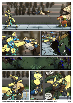 anthro aqanin_magic arena black_hair blue_eyes brown_body brown_fur brown_hair dialogue elemental_manipulation female fight fur green_body green_eyes green_skin gut_punch hadalen_magic hair male muscular muscular_female muscular_male orange_body orange_fur tan_body tan_fur text water_manipulation yellow_body yellow_eyes yellow_fur feretta mythology tale_of_tails birk_blackbeak fenavi_montaro avian bird canid canine draako dragon falcon falconid fennec_fox fox herpestid mammal meerkat mythological_creature mythological_scalie scalie true_fox 2025 comic english_text hi_res herm_(lore)