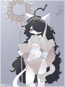 accessory anthro anthrofied biped black_hair blue_eyes blush breasts clothed clothing eyebrows eyelashes female fingers front_view fur hair hair_accessory hand_on_hip holding_object inner_ear_fluff long_hair mature_female monotone_body narrowed_eyes navel one_eye_obstructed open_mouth pose simple_background small_breasts solo staff standing tail text tuft under_boob white_body white_ears white_tail enexofme ponos_corp. the_battle_cats kasli kasli_the_scourge domestic_cat felid feline felis mammal 2025 absurd_res artist_name dated digital_drawing_(artwork) digital_media_(artwork) hi_res shaded