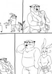 anthro belly blush bottomwear clothing duo embarrassed hug male male/male overweight overweight_male pants shirt tail tail_motion tailwag topwear bernielover disney zootopia fan_character gideon_grey nate_hopps canid canine fox lagomorph leporid mammal rabbit red_fox true_fox 2023 hi_res monochrome