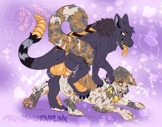 all_fours andromorph andromorph/male anthro balls bell bell_collar big_balls bodily_fluids claws clitoris collar double_penetration double_vaginal drooling duo erection fangs feral fur genital_fluids genitals hair heart_symbol intersex intersex/male interspecies looking_at_another looking_at_partner looking_pleasured male male_penetrating markings mastectomy_scar mottled multi_genitalia multi_penis musical_note musical_symbol nude onomatopoeia open_mouth pawpads penetration penis piebald raised_leg raised_tail rattle_(anatomy) saliva scales scar sex simple_background smile sound_effects spread_legs spreading symbol tail teeth text tongue tongue_out vaginal vaginal_fluids vaginal_penetration vulva white_body pronghornpunk fallout microsoft calico_cat domestic_cat felid feline felis hybrid mammal night_stalker_(fallout) scottish_fold absurd_res digital_media_(artwork) hi_res trans_(lore) trans_man_(lore)