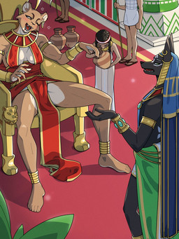 5_toes anthro barefoot black_body black_fur breasts brown_body brown_fur clothed clothed_anthro clothed_female clothed_human clothed_male clothing countershade_torso countershading drunk feet female footwear fur green_eyes group humanoid_feet male open_mouth plantigrade sandals shoes sitting standing substance_intoxication teeth toes tongue yellow_eyes nulia egyptian_mythology middle_eastern_mythology mythology anubis elmouti harba sekhmet anubian_jackal canid canine canis deity felid human jackal lion mammal pantherine 2025 3:4 digital_media_(artwork) hi_res
