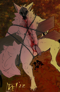 anthro balls bench blood bodily_fluids body_hair bone bound chain chained exhibitionism fluffy fluffy_tail fur genitals gore happy_trail looking_at_viewer male muscular muscular_anthro muscular_male nipples nude on_bench open_mouth outside pecs penis public restraints skull solo tail white_body white_fur unknown_artist mythology canid canid_demon canine demon hellhound mammal mythological_canine mythological_creature absurd_res alternate_version_at_source digital_media_(artwork) hi_res