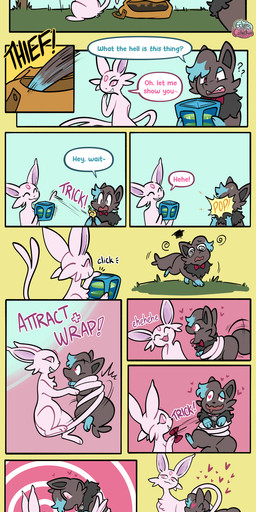ambiguous_gender attract bag bow_tie confusion dialogue duo feral gameplay_mechanics heart_eyes heart_symbol hypnosis laugh mind_control pokemon_move restrained sound_effects speech_bubble spiral spiral_eyes stealing tail_wrapped_around text thought_bubble tongue tongue_out eclairscollection nintendo pokemon pokemon_mystery_dungeon spike_chunsoft eeveelution espeon generation_2_pokemon generation_5_pokemon pokemon_(species) shiny_pokemon zorua comic english_text hi_res