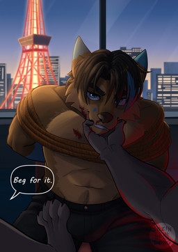anthro bdsm blood bodily_fluids bondage bound bulge chair city city_background claws clothed clothing dominant dominant_male feet furniture hand_on_chin hindpaw male night nosebleed on_chair partially_clothed paws sitting sitting_on_chair solo submissive submissive_male toe_claws sozinlong canid canine canis domestic_dog fox husky hybrid mammal nordic_sled_dog spitz absurd_res hi_res