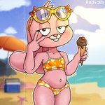 beach bikini clothing dessert eyewear female food gesture hand_gesture ice_cream looking_at_viewer sea smile solo standing sunglasses swimwear two-piece_swimsuit v_sign water young young_female radio_bx_(artist) cartoon_network the_amazing_world_of_gumball anais_watterson lagomorph leporid mammal rabbit 1:1 2025 hi_res