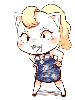 :3 black_eyes blonde_hair blue_clothing blue_dress blush clothing dress eyelashes fangs female footwear hair hands_on_hips jewelry lidded_eyes long_hair necklace open_mouth open_smile shoes short_dress simple_background smile solo teeth tongue white_background oposa domestic_cat felid feline felis mammal character_request hi_res