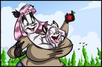 anthro apple big_breasts black_border border bottomwear breasts clothing cloud duo female food fruit hair male open_mouth pants pink_hair plant shirt sky teeth tongue tongue_out topwear tree uvula wide_hips dutch_(artist) misty_the_mouse apple_(dutch) deon_(deonwolf) bear canid canine canis giant_panda mammal wolf 2016 artist_name digital_media_(artwork)