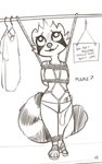 alec8ter anthro bdsm bondage bound clothed clothing conditional_dnp english_text female fur mammal monochrome open_mouth open_smile panties procyonid raccoon restraints rope rope_bondage rope_harness sex_toy shirt sign smile solo t-shirt tank_top text topwear underwear vibrator